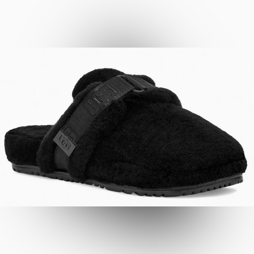NEW UGG FLUFF IT WOOL SHEEPSKIN SLIPPERS BLACK SLIDES 1118150 MEN'S SIZE 11